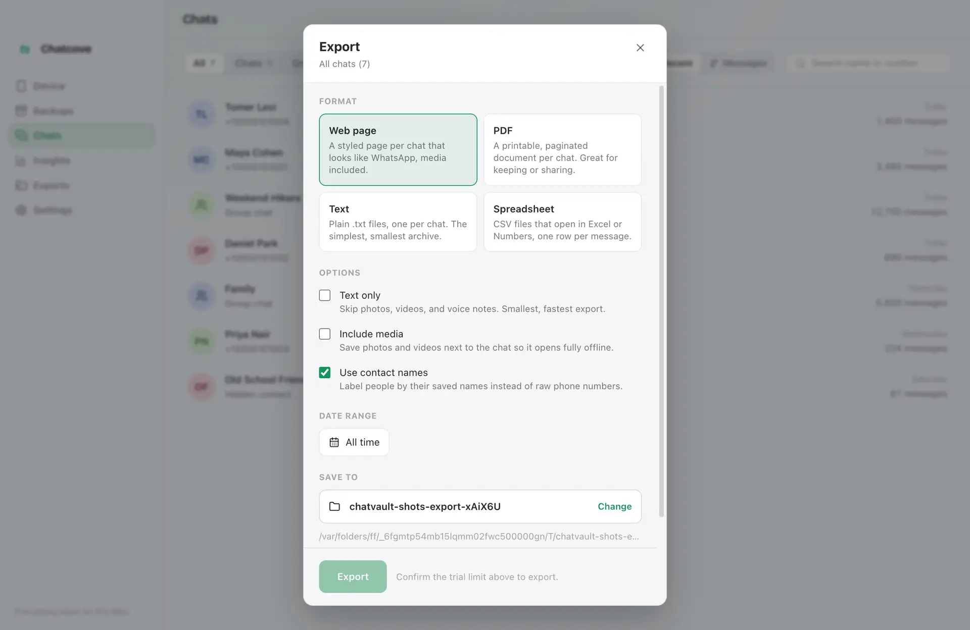 Chatcove export dialog offering HTML, PDF, TXT, and CSV formats